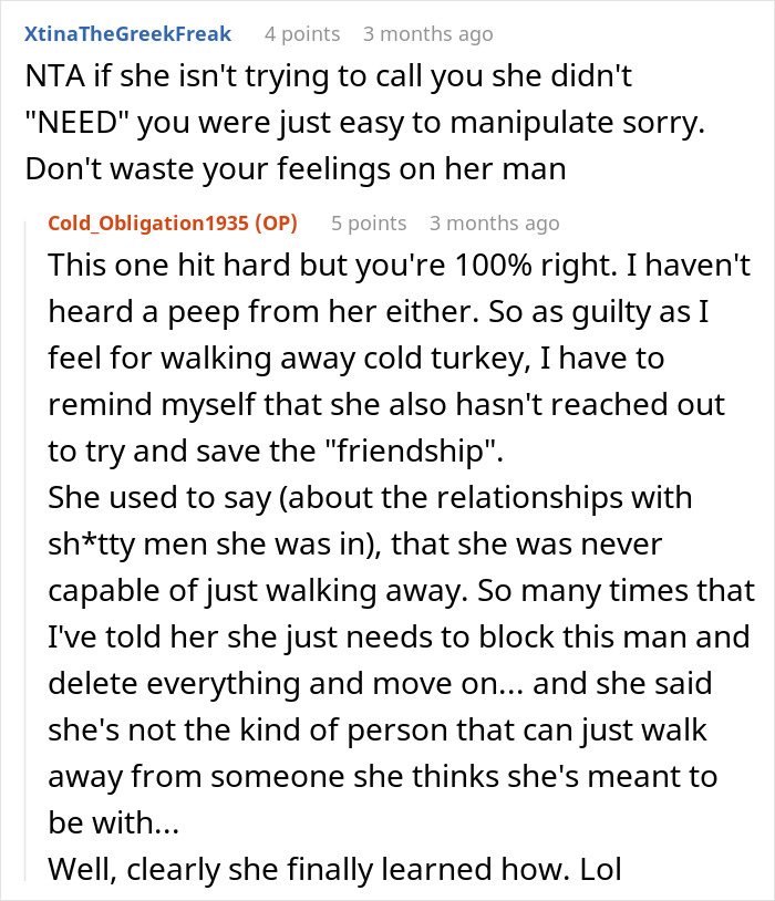 Reddit conversation about woman ending a 10 year friendship after being the bestie bank for friend with 5 kids and 4 dads.