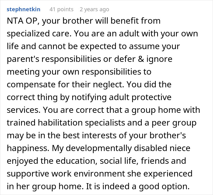 Comment supporting woman setting a boundary about disabled brother&rsquo;s care after drop-off incident.