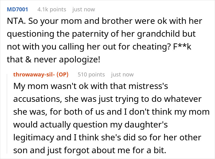 Conversation on family conflict over cheating accusations, including ex-mistress and debates on paternity and legitimacy.