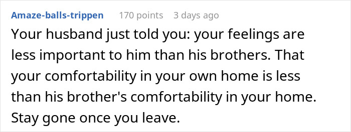 Text post discussing feelings of a wife whose husband prioritizes his creepy brother over her comfort and their relationship.