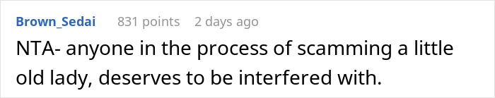 Comment text on a white background discussing scamming an old lady and deserving interference in a situation involving golf clubs.