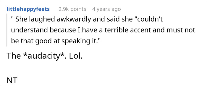 Comment about a woman embarrassing a new colleague by speaking in a language she claimed to know well.