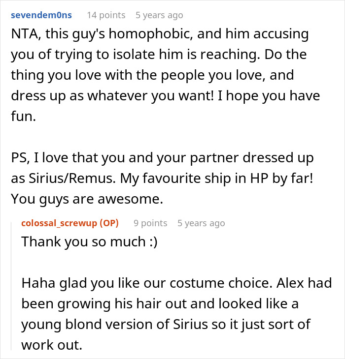 Screenshot of online conversation discussing a guy&rsquo;s fragile masculinity over girlfriend&rsquo;s Halloween costume choice.