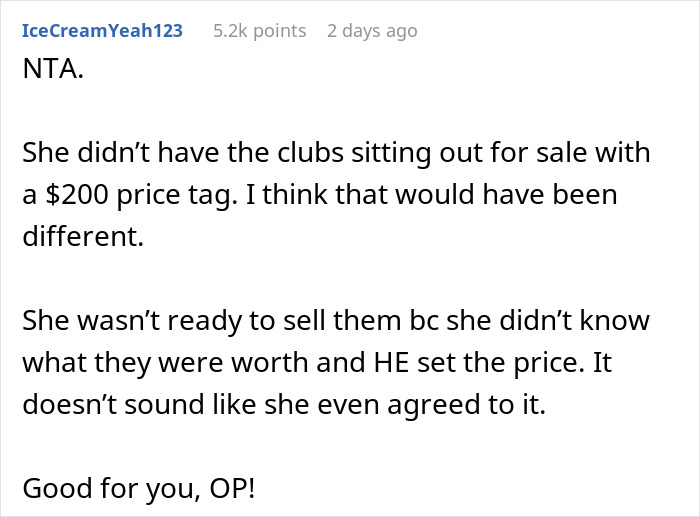 Comment discussing a rich guy trying to rip off a widow by buying late hubby&rsquo;s golf clubs at a low price.