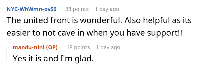 Screenshot of an online discussion about a woman gleaming while watching her cousin&rsquo;s wife struggle after quitting free babysitting.