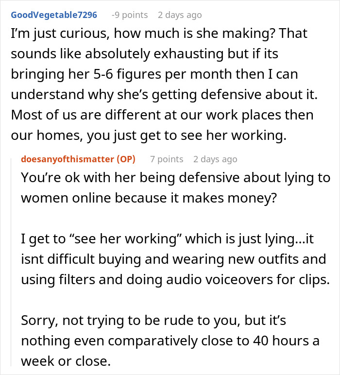Reddit discussion about a gym influencer lying online, causing conflict with her boyfriend over dishonesty.