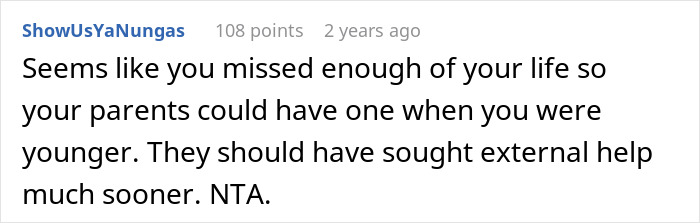 Screenshot of an online comment discussing family conflict over refusing care for disabled sister once parents can't. Screenshot of an online comment discussing family conflict over refusing care for disabled sister once parents can't.