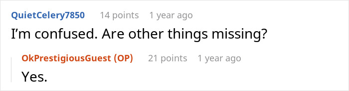 Reddit conversation with a user confused about missing items and another confirming yes, related to stolen tea set incident.