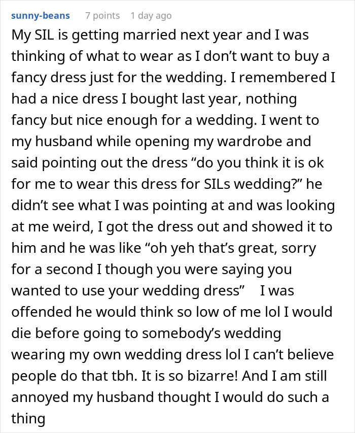 Text post discussing concerns about a guest wearing own wedding dress to a sister-in-law&rsquo;s wedding.