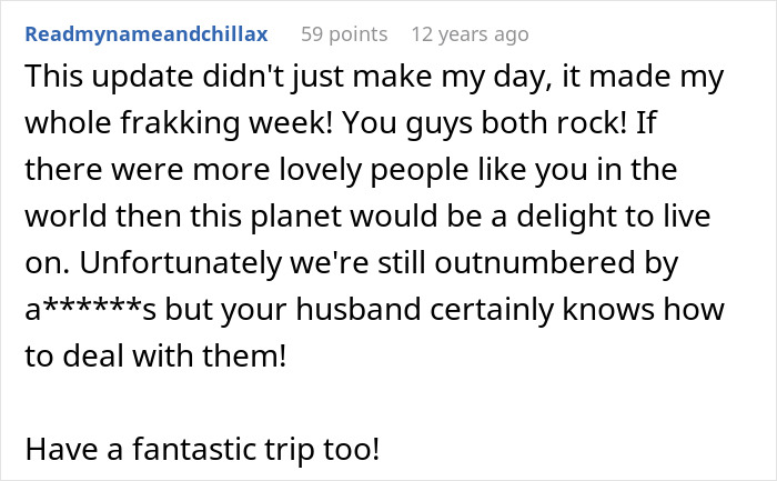 Alt text: Screenshot of a comment praising a husband and mentioning a wife hearing her husband admit she&rsquo;s ugly in an online discussion.