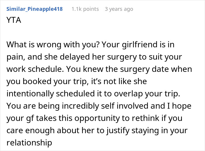 Screenshot of a Reddit comment criticizing a boyfriend for organizing a surprise family visit during his girlfriend&rsquo;s planned surgery.