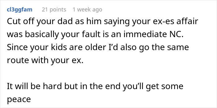 Reddit comment discussing a man siding with daughter's cheating ex during divorce and calling him the son he always wanted.