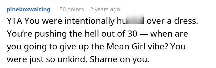 Social media comment criticizing a woman for excluding a friend from an extravagant ball, calling out the mean girl behavior.