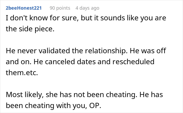 Screenshot of a comment describing a woman learning the man she&rsquo;s been seeing for 10 months is getting married soon.