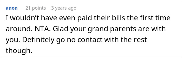Comment expressing support for son refusing to help parents due to blatant favoritism and suggesting no contact with them.