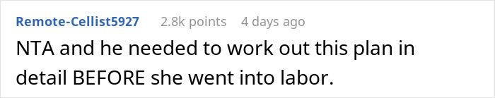 Screenshot of a Reddit comment discussing a mom refusing to drive drunk to pick up her 4-year-old while ex argues during labor.