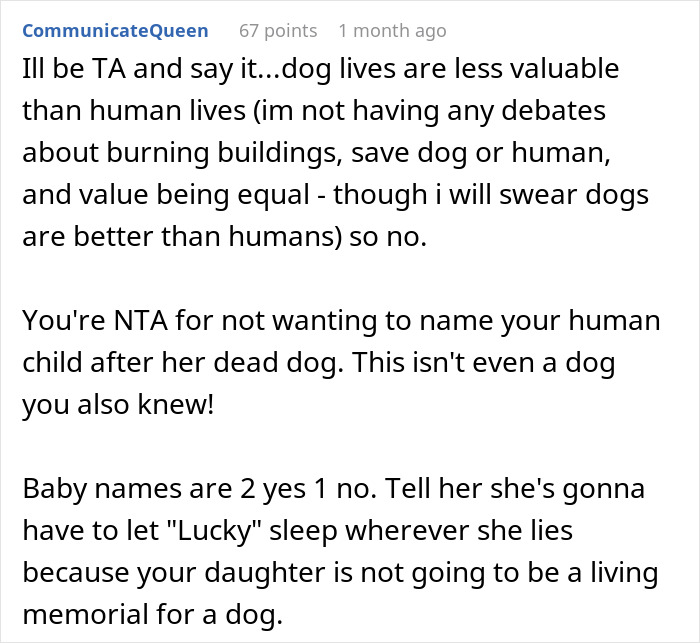 Reddit comment discussing husband weirded out by pregnant wife wanting to name baby after childhood dog Lassie.
