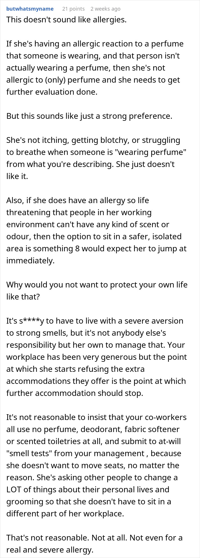 Workplace bans perfume to accommodate allergies, but employee continues to complain about accommodations and scent policies.