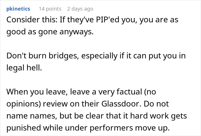 Alt text: Employee considers making life more difficult by exposing management and HR to coworkers through a factual Glassdoor review.