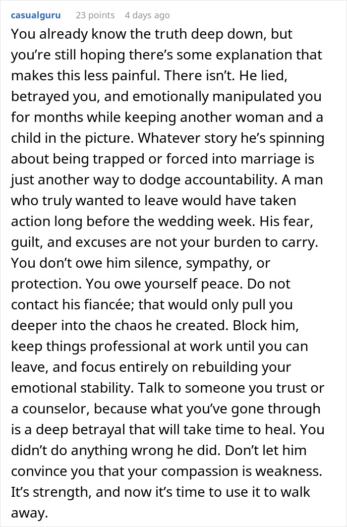 Text post describing emotional betrayal after learning a man she&rsquo;s been seeing for months is marrying soon.
