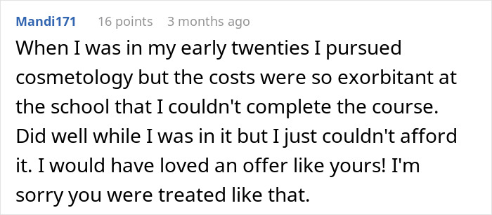 Comment discussing a woman upset her friend offers a favor instead of cash, highlighting willingness to help.