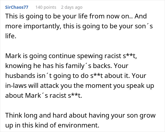 Comment discussing wife confronting BIL for racist slurs during dinner and impact on family dynamics.