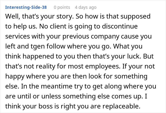 Screenshot of a forum comment discussing easily replaceable employee and the loss of a big client in a workplace context.