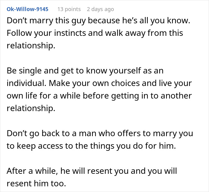 Comment advice on relationship warning about man proposing after breakup showing true colors when refused.