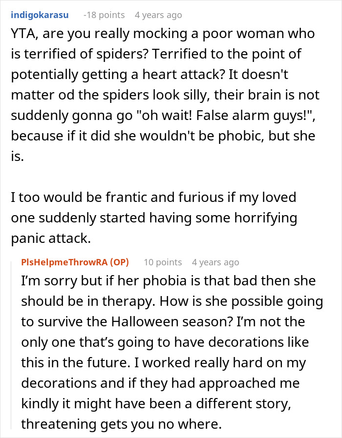 Comment thread discussing a neighbor threatening a couple over their Halloween decorations and phobia concerns.