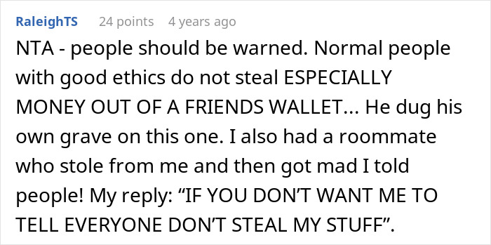 Screenshot of a Reddit comment discussing a man refusing to forgive an ex-friend who stole money, calling him a thief.