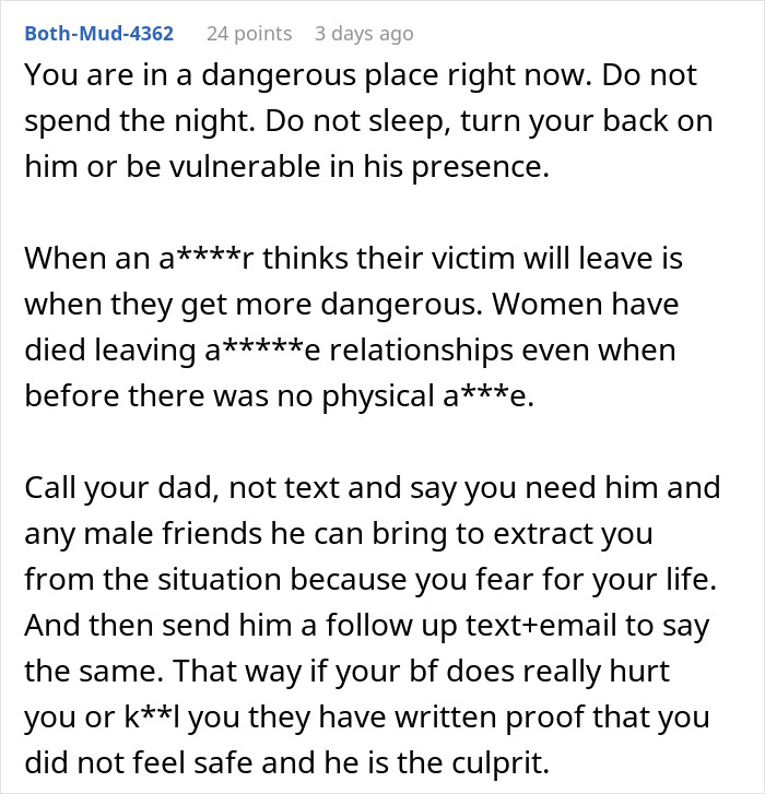 Comment warning about danger in abusive relationships, discussing risks related to a boyfriend destroying girlfriend's grandma's jewelry box.