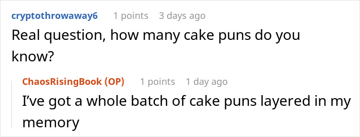 Screenshot of an online conversation about cake puns, referencing a woman&rsquo;s revenge on a bakery manager.