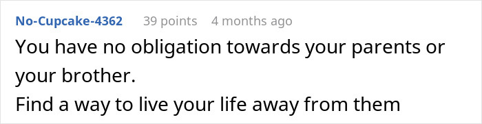 Screenshot of an online comment advising someone they have no obligation to care for family, highlighting feelings about parenting and disability. Screenshot of an online comment advising someone they have no obligation to care for family, highlighting feelings about parenting and disability.