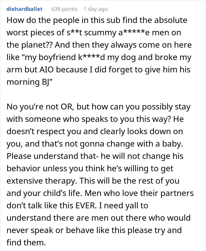 Text post discussing a man accusing his pregnant girlfriend of playing the victim when too sore and tired to work out.