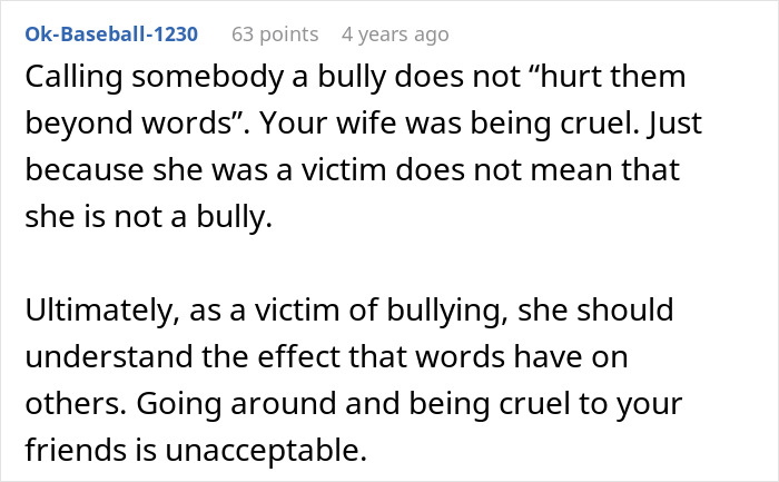 Screenshot of an online comment discussing how calling someone a bully can trigger emotional reactions based on past bullying experiences.