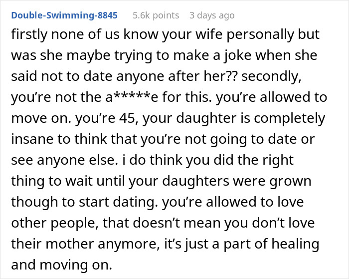 Reddit comment discussing a dying wife&rsquo;s request and the daughter calling husband a cheater after he starts dating.