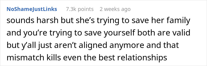 Comment discussing saving family and relationship challenges, highlighting the situation involving saving niblings from foster care.