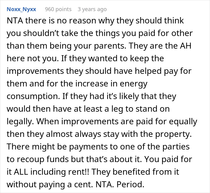 Comment discussing parents kicking out daughter and her taking away belongings from her remodeled room.