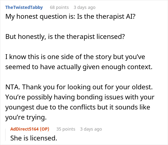 Reddit user discussing therapist licensing and relationship issues in AITAH for telling wife to marry her therapist scene.