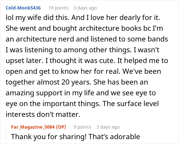 Reddit comment about wife staging apartment to impress a guy, showing love and support in a lasting relationship.