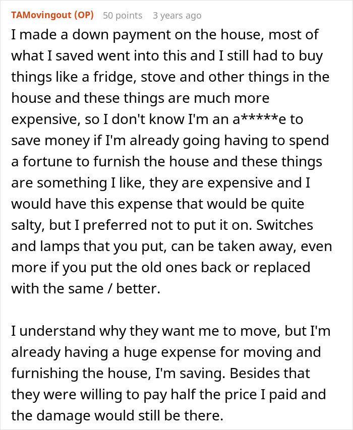 Screenshot of a detailed Reddit comment discussing expenses and challenges of furnishing a house during a move-out.
