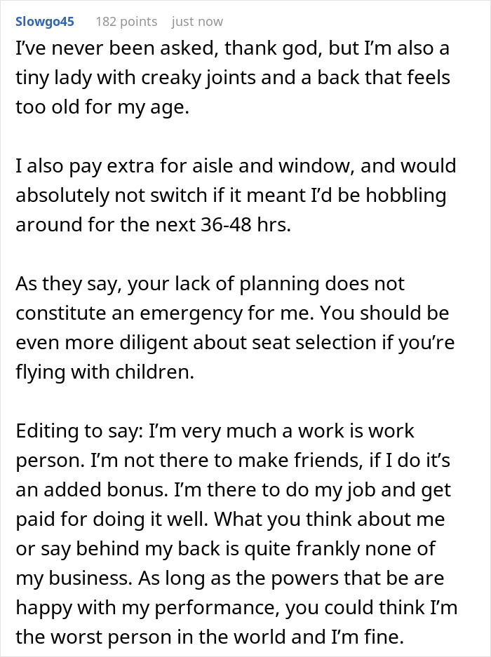 User comment explaining refusal to swap plane seat, emphasizing seat selection and personal comfort in airline seating conflict.