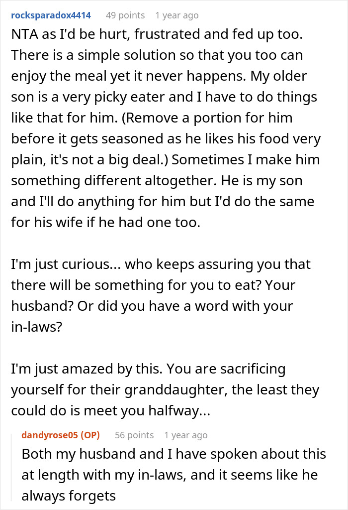 Alt text: Online discussion about a mom refusing to attend family dinners after being ignored by her in-laws. Alt text: Online discussion about a mom refusing to attend family dinners after being ignored by her in-laws.