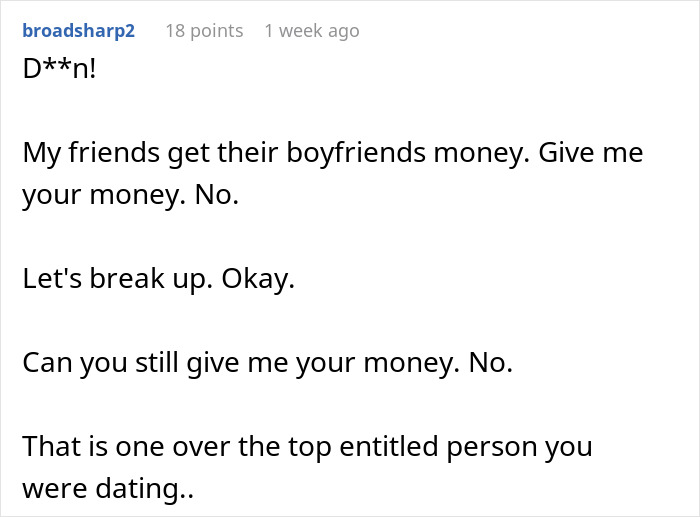 ALT text: Online comment about woman demanding combined income and calling boyfriend selfish with money in relationship dispute. ALT text: Online comment about woman demanding combined income and calling boyfriend selfish with money in relationship dispute.