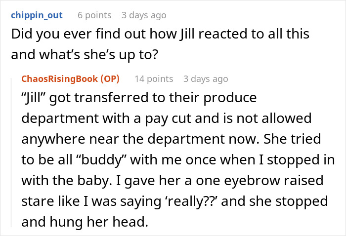 Reddit conversation about a woman taking revenge on a bakery manager with a perfectly delicious icing on the cake.