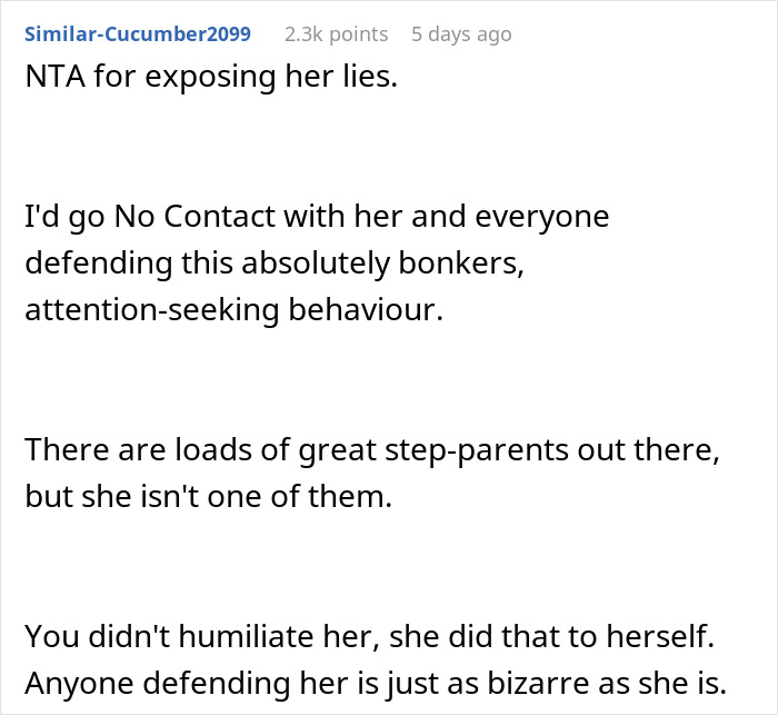 Reddit comment discussing teen exposing stepmom&rsquo;s hypocrisy and lies, urging no contact and calling out behavior online.