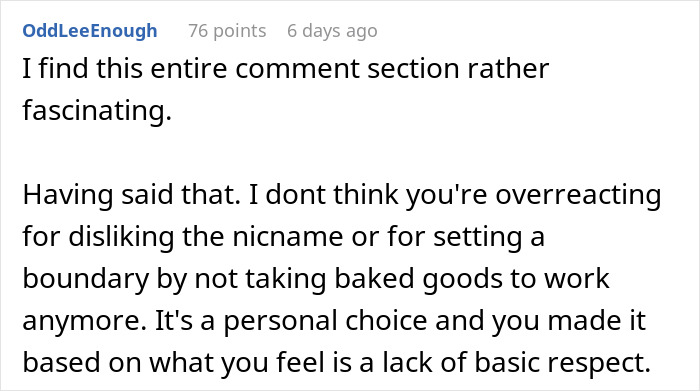 Screenshot of a comment discussing a woman accused of making things awkward at work by stopping baking for colleagues.