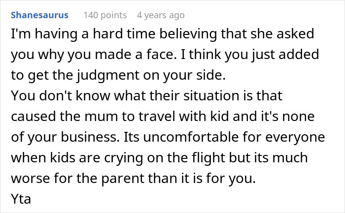 Screenshot of an online comment debating how a passenger confronted a mom after an 8-hour toddler meltdown on a flight.