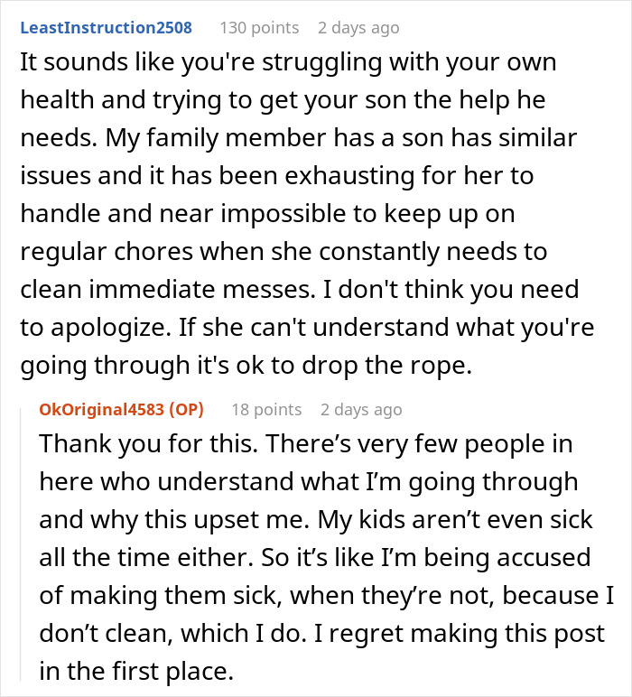 Reddit comments discussing an exhausted mom shamed by bestie over house cleaning and involving her kids.