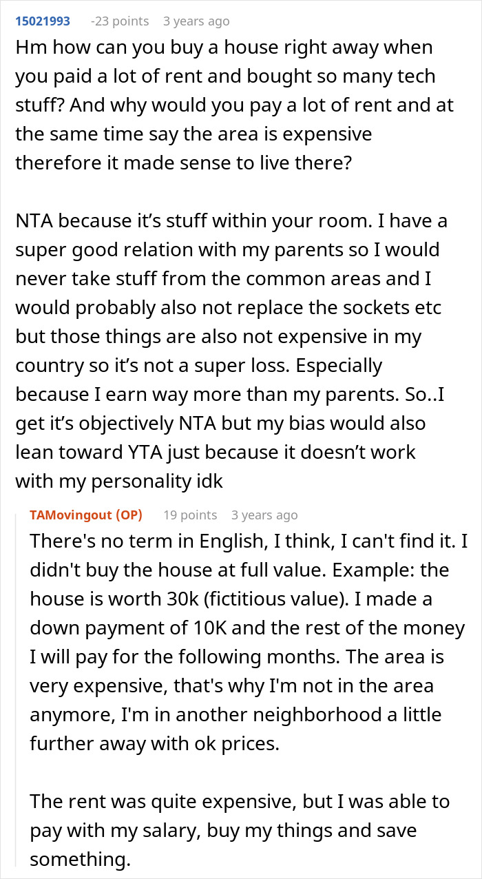 Comment thread discussing parents kicking out daughter to move into her remodeled room and her reaction.